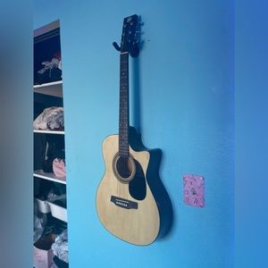 Rogue RA-090 Dreadnought Acoustic Guitar Natural & Guitar Wall Mount Hangers